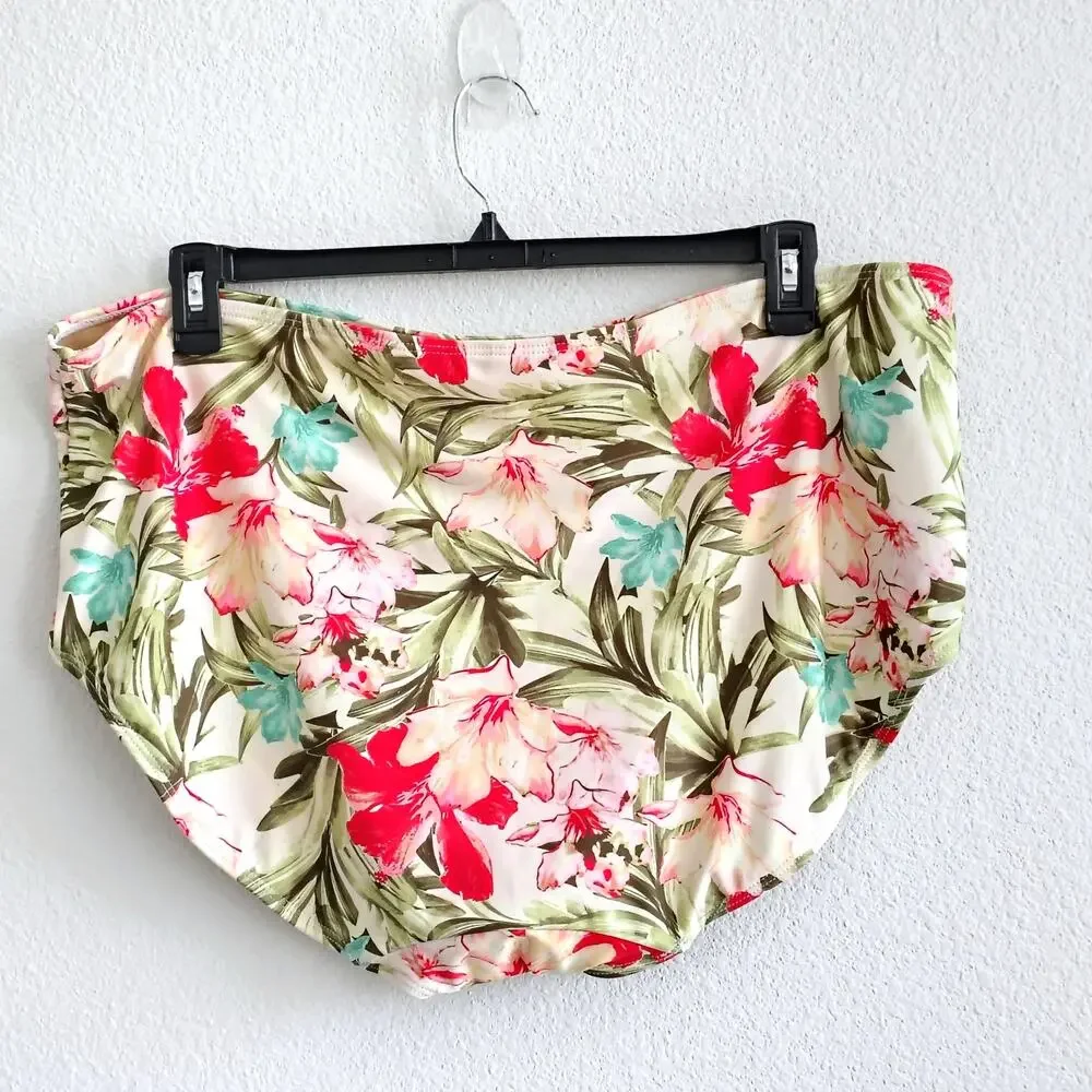 Swim By Cacique Women Plus Size 28 Green Pink Floral Tropical Bikini Bottom NEW